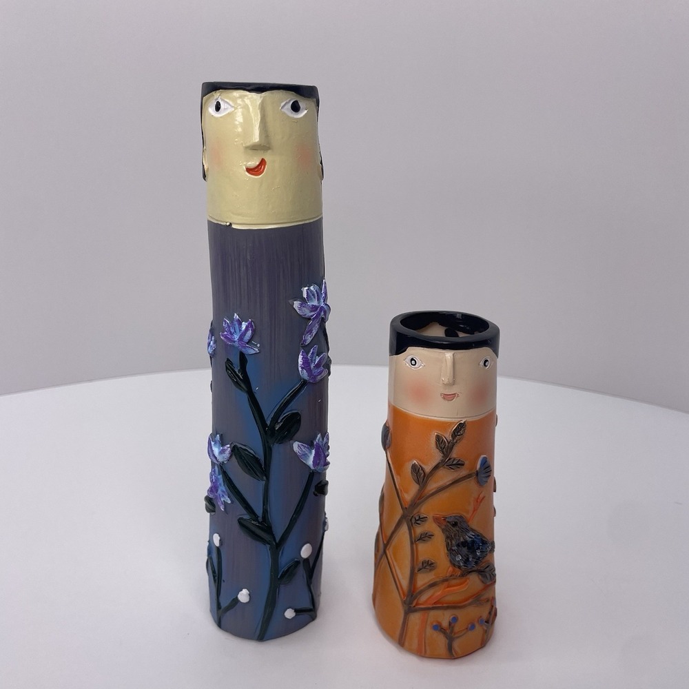Creative Face Bud Resin Vases Boho Family‎ Set Of 2 Home Decor Orange/ Blue